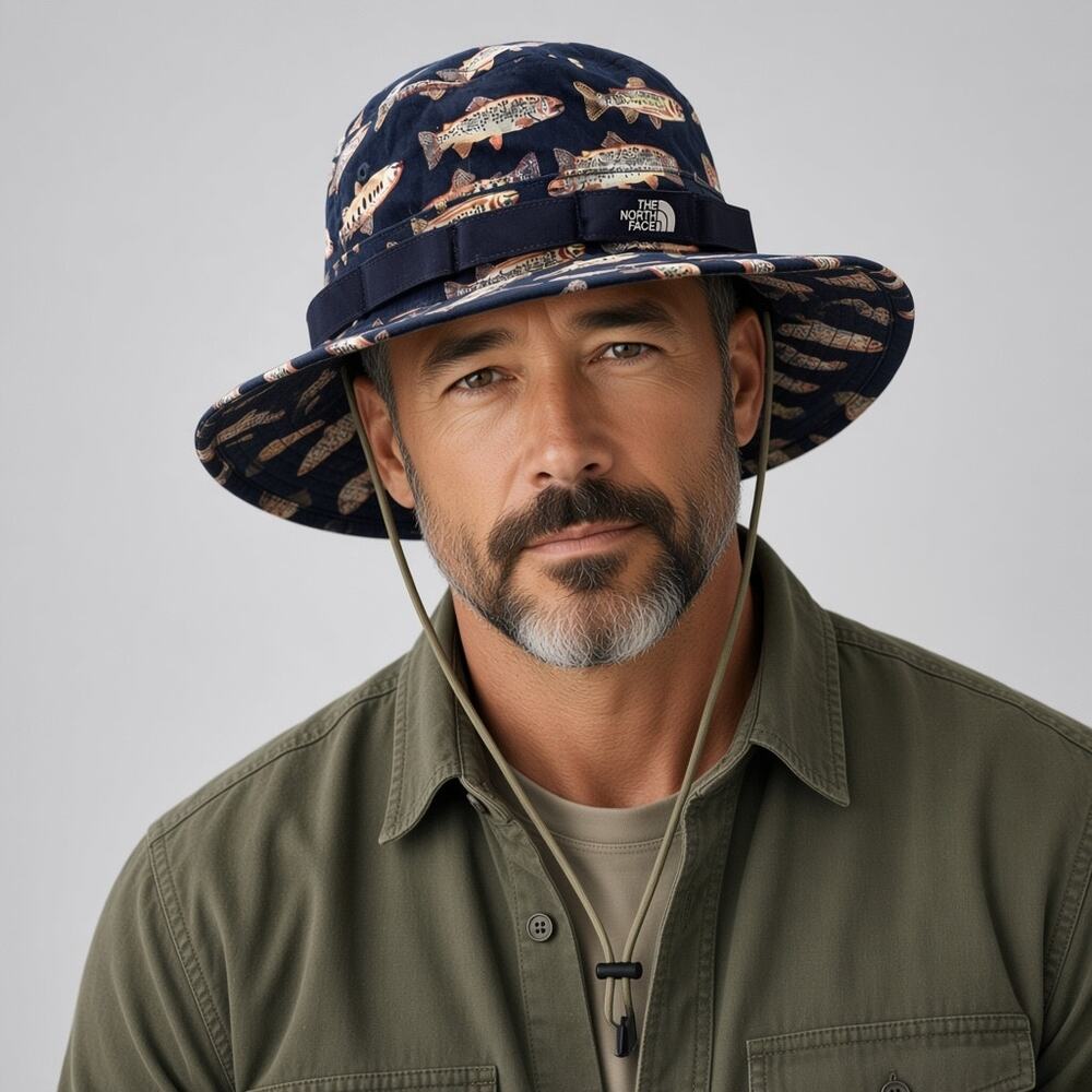 The North Face Fish Print Brimmer Hat Unisex Sz S/M Navy Outdoors Utility